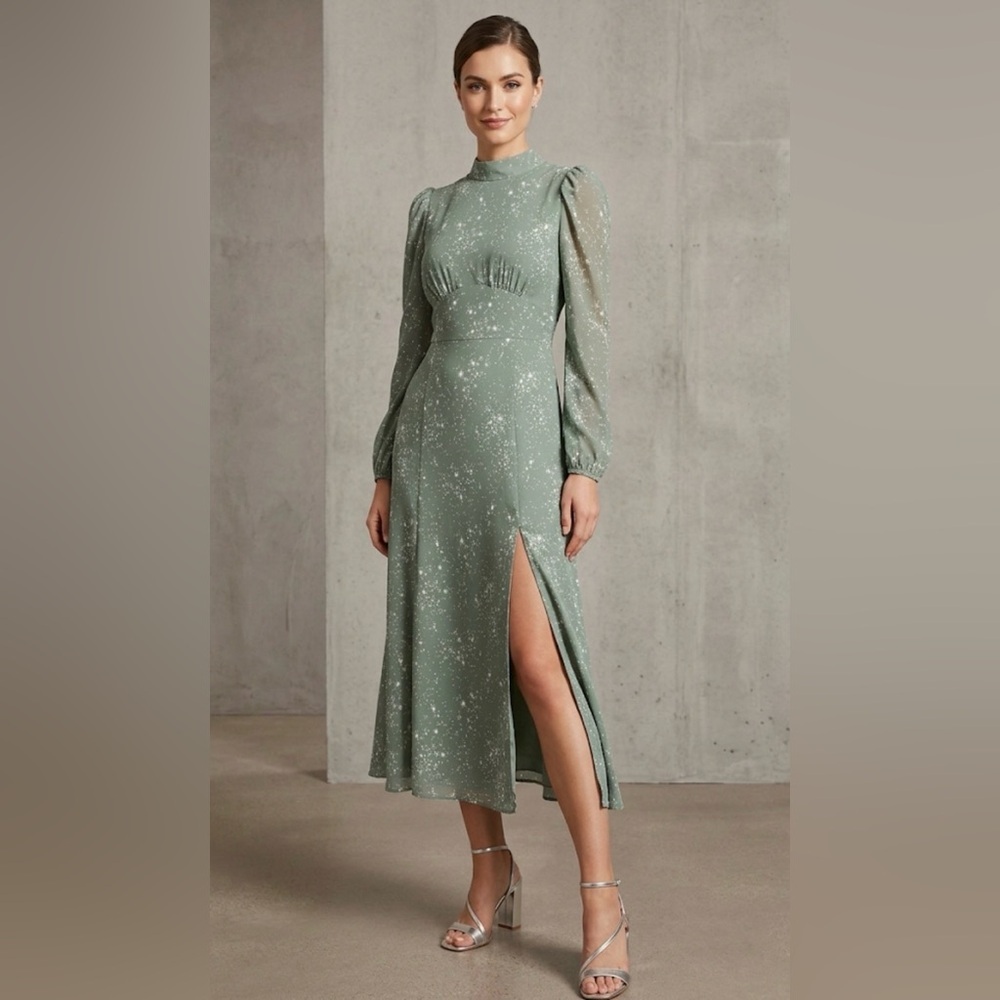 Forever 21 Sage Green Speckled Long-Sleeve Slit Midi Dress
